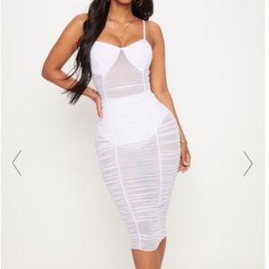 White Ruched Strappy Mesh Longline Midi Dress